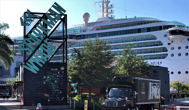 A view of Sparkman Wharf with a notable restaurant in the foreground