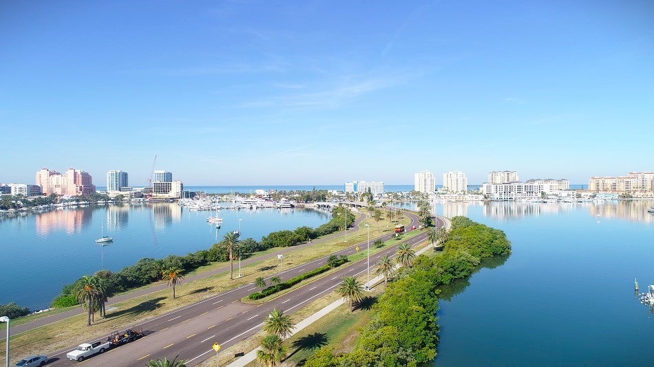 A beautiful view of the Clearwater Beach with the downtown Clearwater, FL skyline in the background